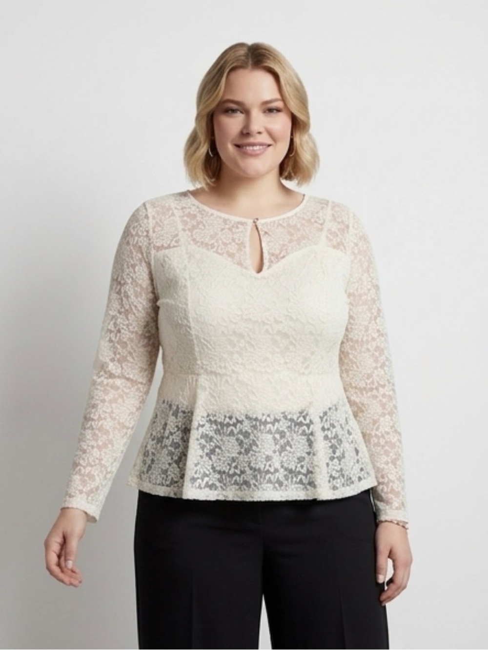 Allegra K Cream Lace Keyhole Blouse
